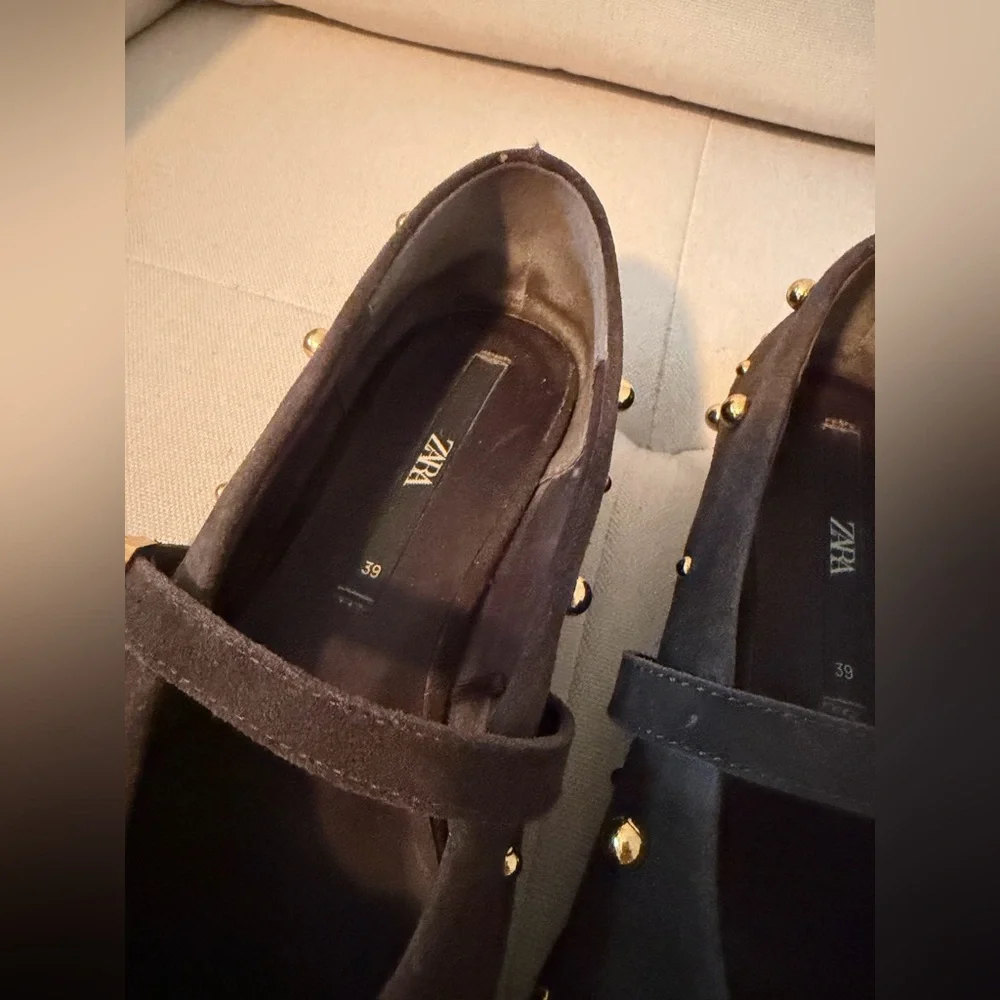 Zara Brown suede gold stud studded Mary Jane flats. Excellent condition! - Picture 3 of 8